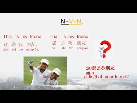 This is my friend. N+V+N. 这 是 我 朋友。 Zhè shì wǒ