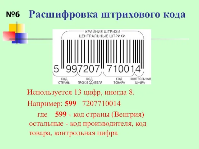 Расшифровка штрихового кода Используется 13 цифр, иногда 8. Например: 599 7207710014 где