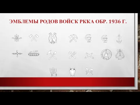 ЭМБЛЕМЫ РОДОВ ВОЙСК РККА ОБР. 1936 Г.