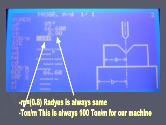 -rp=(0.8) Radyus is always same -Ton/m This is always 100 Ton/m for our machine