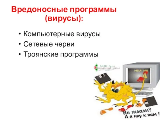 Вредоносные программы (вирусы): Компьютерные вирусы Сетевые черви Троянские программы