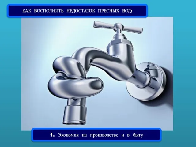 КАК ВОСПОЛНИТЬ НЕДОСТАТОК ПРЕСНЫХ ВОД: 1. Экономия на производстве и в быту