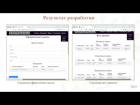 Страница оформления заказа 12/17 Результат разработки Страница всех заказов