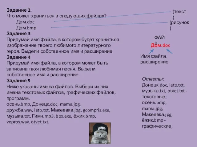 Задание 2. Что может храниться в следующих файлах? Дом.doc Дом.bmp Задание 3