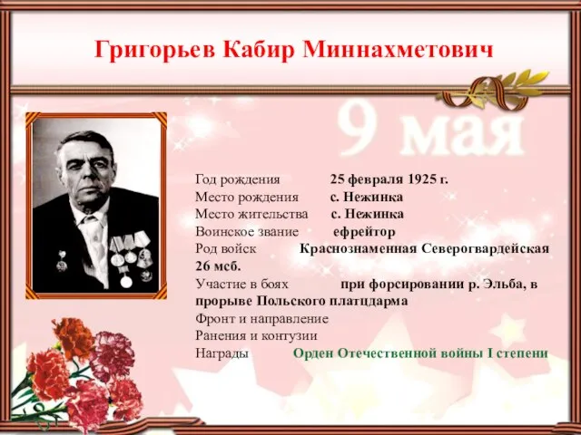 Григорьев Кабир Миннахметович Год рождения 25 февраля 1925 г. Место рождения с.