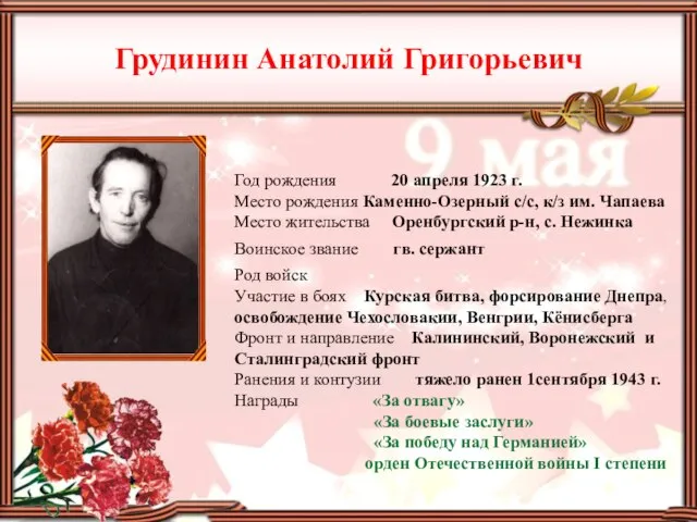 Грудинин Анатолий Григорьевич Год рождения 20 апреля 1923 г. Место рождения Каменно-Озерный