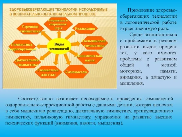 Применение здоровье- сберегающих технологий в логопедической работе играет значимую роль. Среди воспитанников