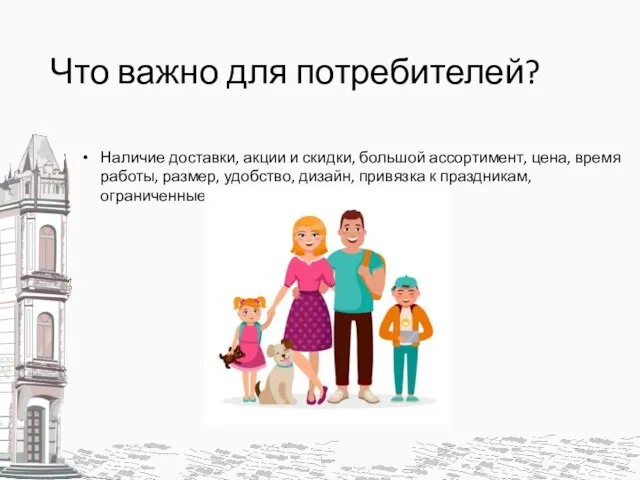 Что важно для потребителей? Наличие доставки, акции и скидки, большой ассортимент, цена,