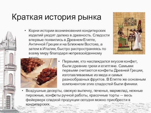 Краткая история рынка Корни истории возникновения кондитерских изделий уходят далеко в древность.