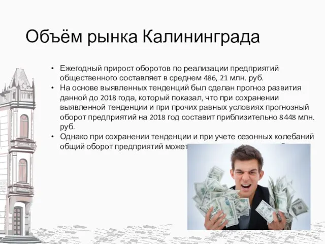 Объём рынка Калининграда Ежегодный прирост оборотов по реализации предприятий общественного составляет в