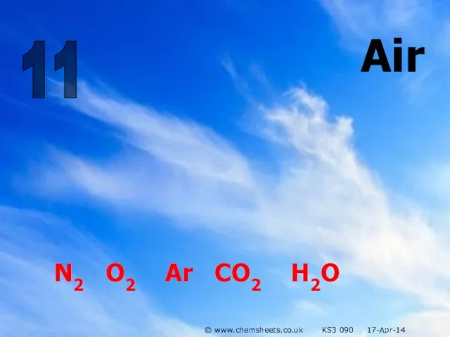 11 Air N2 O2 Ar CO2 H2O © www.chemsheets.co.uk KS3 090 17-Apr-14