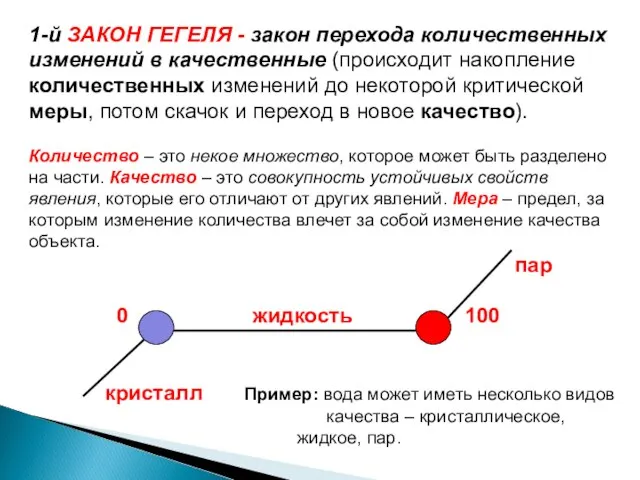 1-й ЗАКОН ГЕГЕЛЯ - закон перехода количественных изменений в качественные (происходит накопление