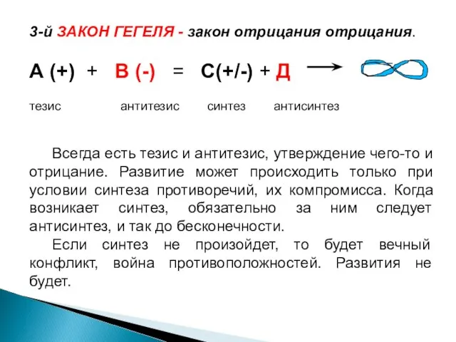 3-й ЗАКОН ГЕГЕЛЯ - закон отрицания отрицания. А (+) + В (-)