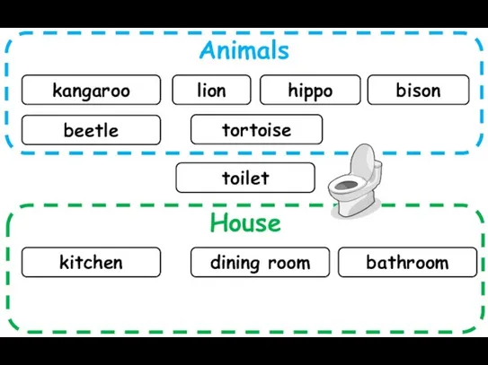 Animals House kangaroo lion kitchen hippo bison dining room beetle bathroom tortoise toilet