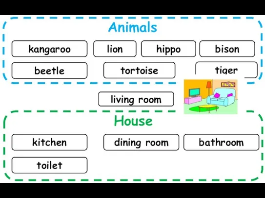 Animals House kangaroo lion kitchen hippo bison dining room beetle bathroom tortoise toilet tiger living room