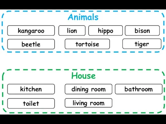 Animals House kangaroo lion kitchen hippo bison dining room beetle bathroom tortoise toilet tiger living room