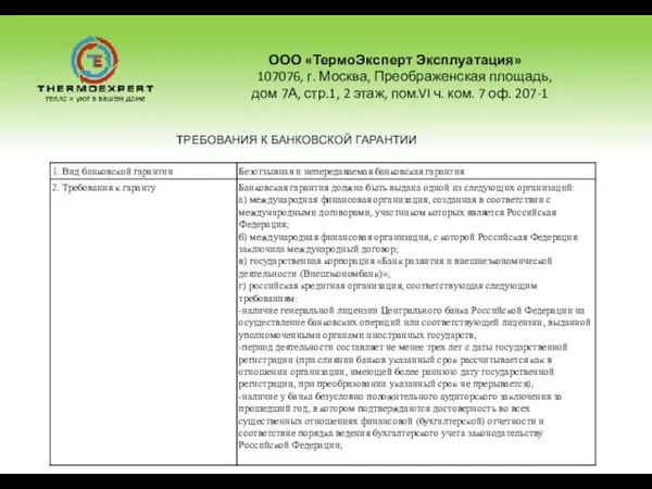 ООО «ТермоЭксперт Эксплуатация» 107076, г. Москва, Преображенская площадь, дом 7А, стр.1, 2