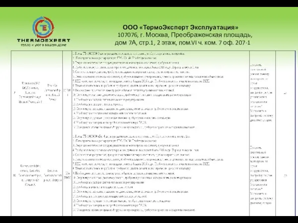 ООО «ТермоЭксперт Эксплуатация» 107076, г. Москва, Преображенская площадь, дом 7А, стр.1, 2