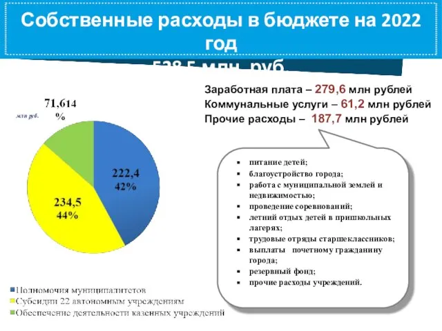 Собственные расходы в бюджете на 2022 год 528,5 млн. руб. Заработная плата
