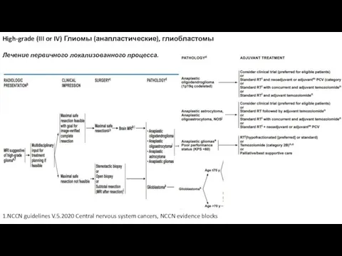 High-grade (III or IV) Глиомы (анапластические), глиобластомы Лечение первичного локализованного процесса. 1.NCCN