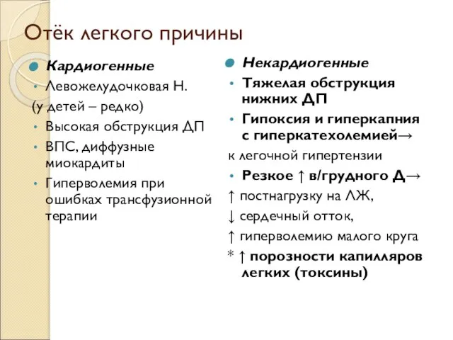 Отёк легкого причины Кардиогенные Левожелудочковая Н. (у детей – редко) Высокая обструкция