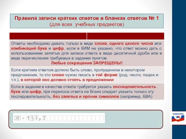 Правила записи кратких ответов в бланках ответов № 1 (для всех учебных предметов)