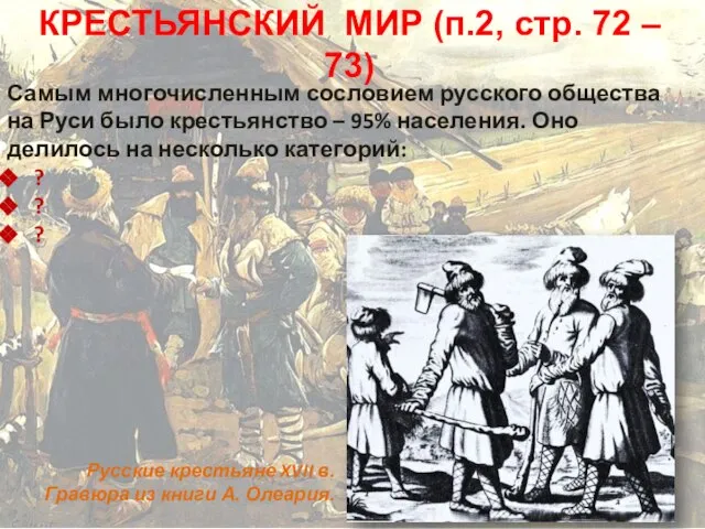 КРЕСТЬЯНСКИЙ МИР (п.2, стр. 72 – 73) Самым многочисленным сословием русского общества