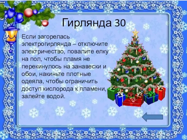 Гирлянда 30 Если загорелась электрогирлянда – отключите электричество, повалите елку на пол,