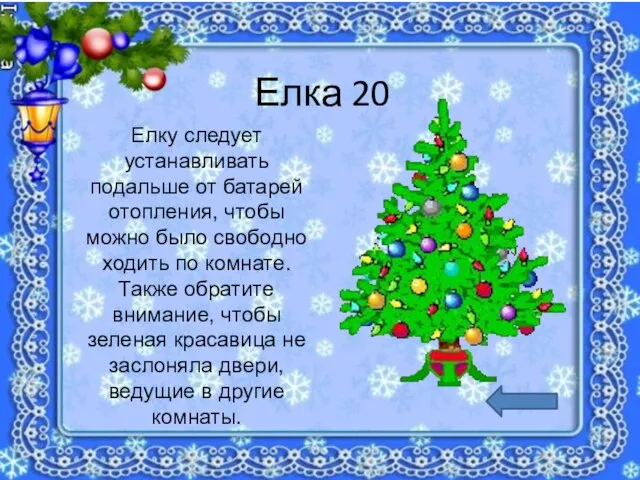 Елка 20 Елку следует устанавливать подальше от батарей отопления, чтобы можно было