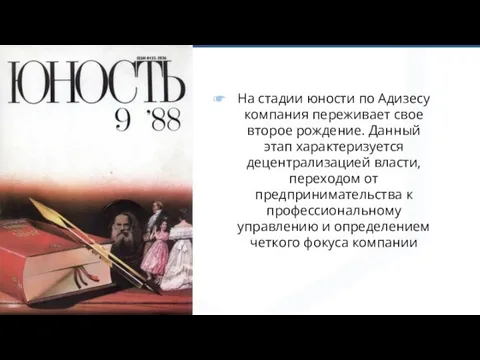 На стадии юности по Адизесу компания переживает свое второе рождение. Данный этап