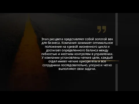 Этап расцвета представляет собой золотой век для бизнеса. Компания занимает оптимальное положение