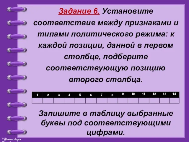 Задание 6. Установите соответствие между признаками и типами политического режима: к каждой