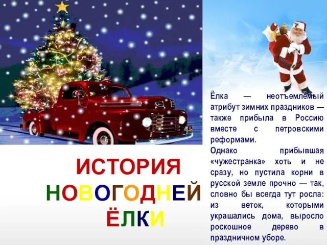 Ёлка — неотъемлемый атрибут зимних праздников — также прибыла в Россию вместе