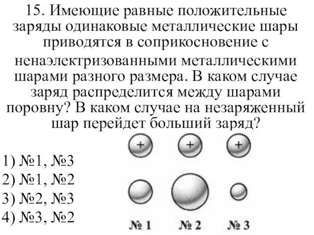 15. Имеющие равные положительные заряды одинаковые металлические шары приводятся в соприкосновение с