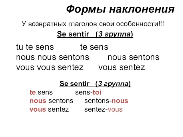 Формы наклонения Se sentir (3 группа) tu te sens te sens nous