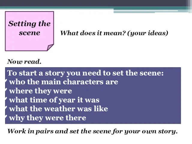 Setting the scene What does it mean? (your ideas) Now read. To