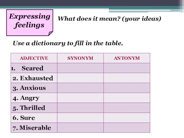 What does it mean? (your ideas) Expressing feelings Use a dictionary to fill in the table.