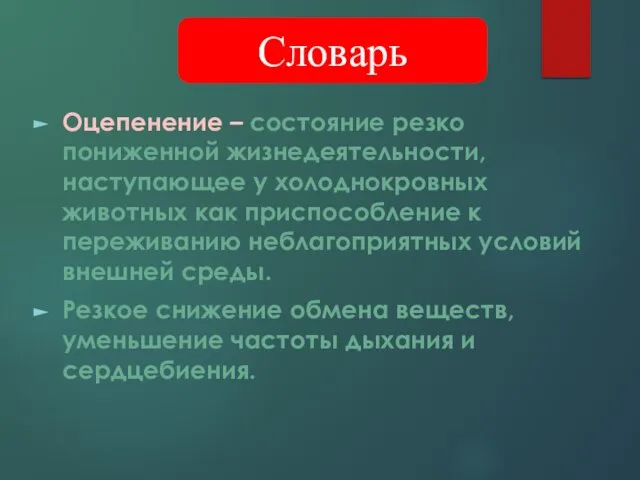 Оцепенение – состояние резко пониженной жизнедеятельности, наступающее у холоднокровных животных как приспособление