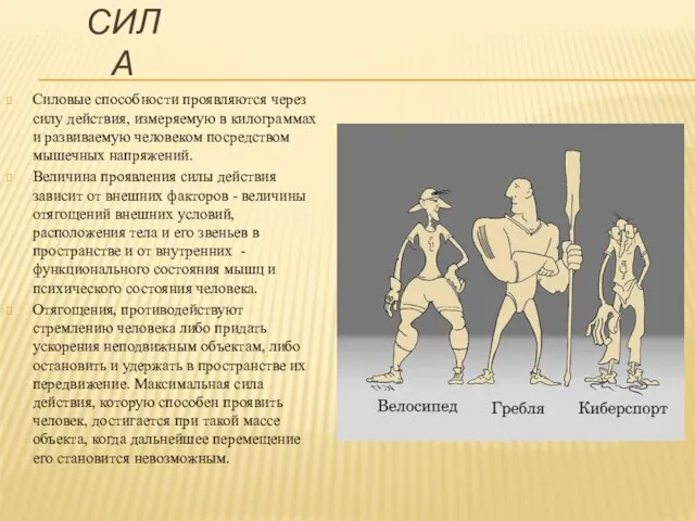 СИЛА Силовые способности проявляются через силу действия, измеряемую в килограммах и развиваемую