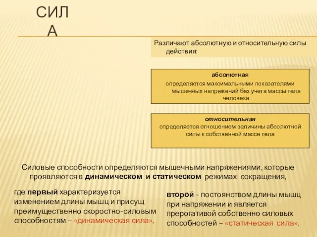 СИЛА Различают абсолютную и относительную силы действия: абсолютная определяется максимальными показателями мышечных