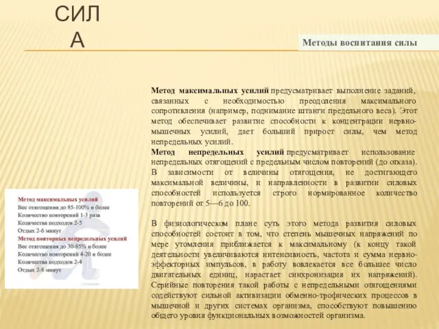 СИЛА Методы воспитания силы Метод максимальных усилий предусматривает выполнение заданий, связанных с