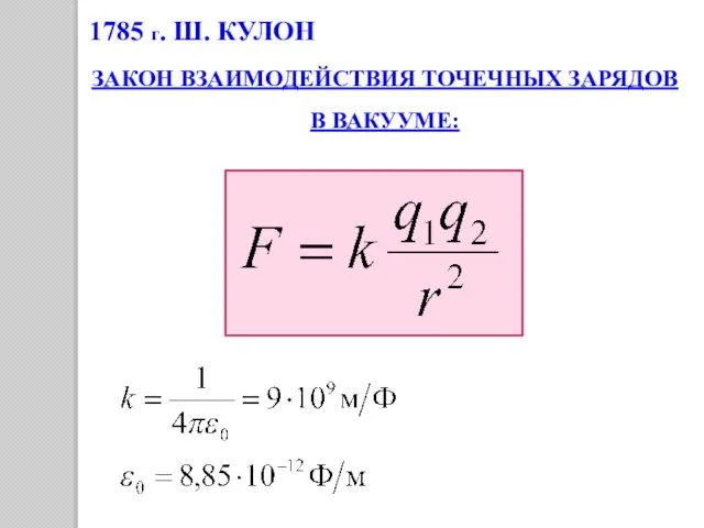 1785 г. Ш. КУЛОН ЗАКОН ВЗАИМОДЕЙСТВИЯ ТОЧЕЧНЫХ ЗАРЯДОВ В ВАКУУМЕ: