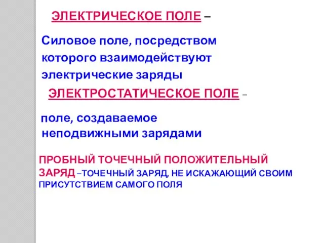 ЭЛЕКТРИЧЕСКОЕ ПОЛЕ – Силовое поле, посредством которого взаимодействуют электрические заряды ЭЛЕКТРОСТАТИЧЕСКОЕ ПОЛЕ