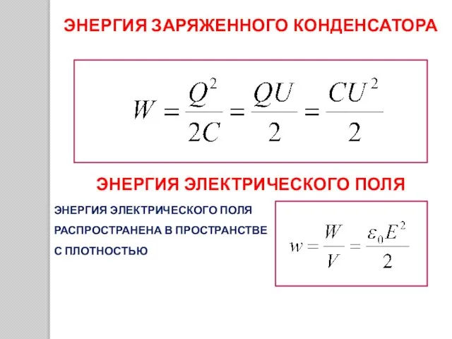 ЭНЕРГИЯ ЗАРЯЖЕННОГО КОНДЕНСАТОРА ЭНЕРГИЯ ЭЛЕКТРИЧЕСКОГО ПОЛЯ ЭНЕРГИЯ ЭЛЕКТРИЧЕСКОГО ПОЛЯ РАСПРОСТРАНЕНА В ПРОСТРАНСТВЕ С ПЛОТНОСТЬЮ