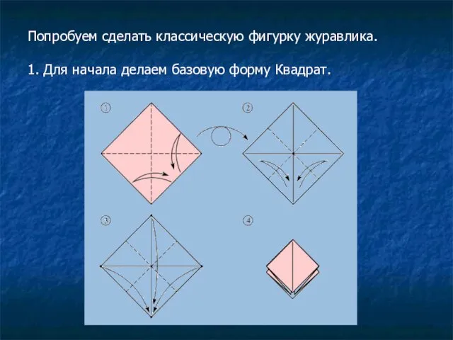 Попробуем сделать классическую фигурку журавлика. 1. Для начала делаем базовую форму Квадрат.