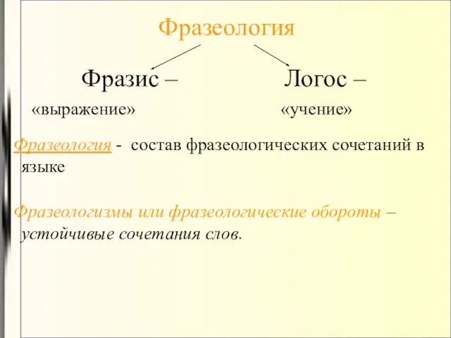 Фразеология Фразис – Логос – «выражение» «учение» Фразеология - состав фразеологических сочетаний