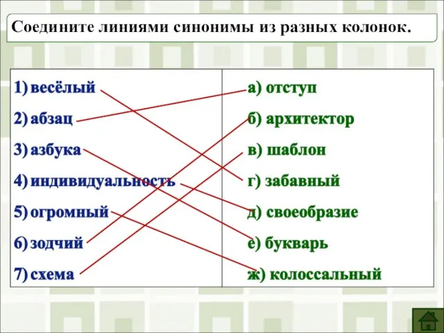 Соедините линиями синонимы из разных колонок.