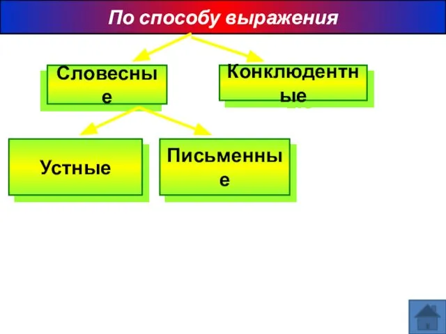 По способу выражения Словесные Конклюдентные Устные Письменные