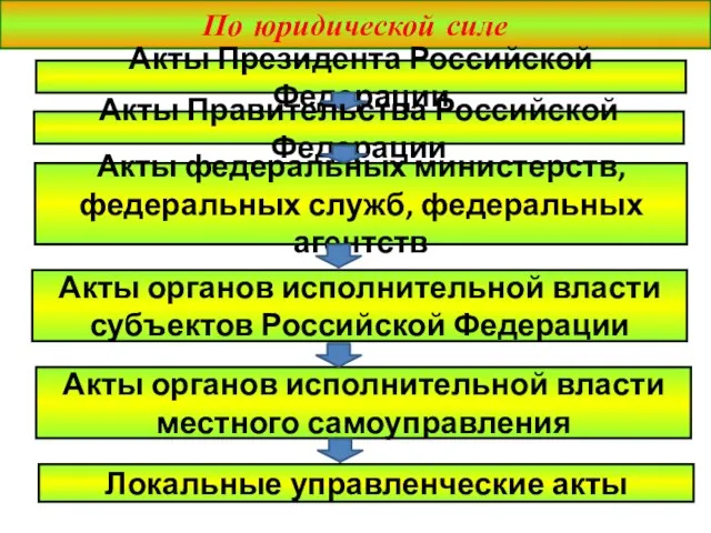 По юридической силе Акты Президента Российской Федерации Акты Правительства Российской Федерации Акты