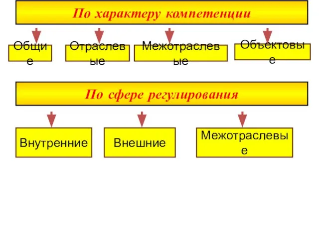 По характеру компетенции Общие Отраслевые Межотраслевые Объектовые По сфере регулирования Внутренние Внешние Межотраслевые